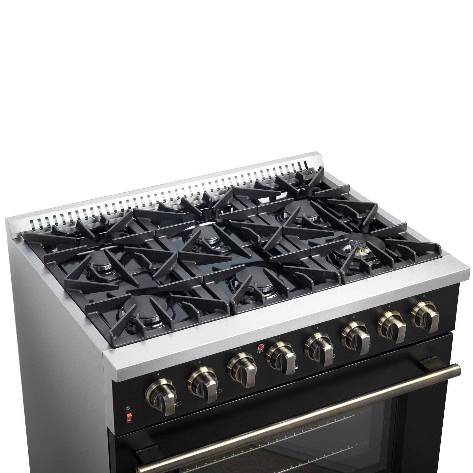 Forno FFSGS615636BLK Forno Galiano 36-Inch Dual Fuel Range In Black & Antique Brass Design, 6 Sealed Burners 83,000 Btu, 5.36 Cu.Ft. True Convection Oven