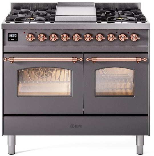 Ilve UPD40FNMPMGP Nostalgie Ii 40 Inch Dual Fuel Natural Gas Freestanding Range In Matte Graphite With Copper Trim