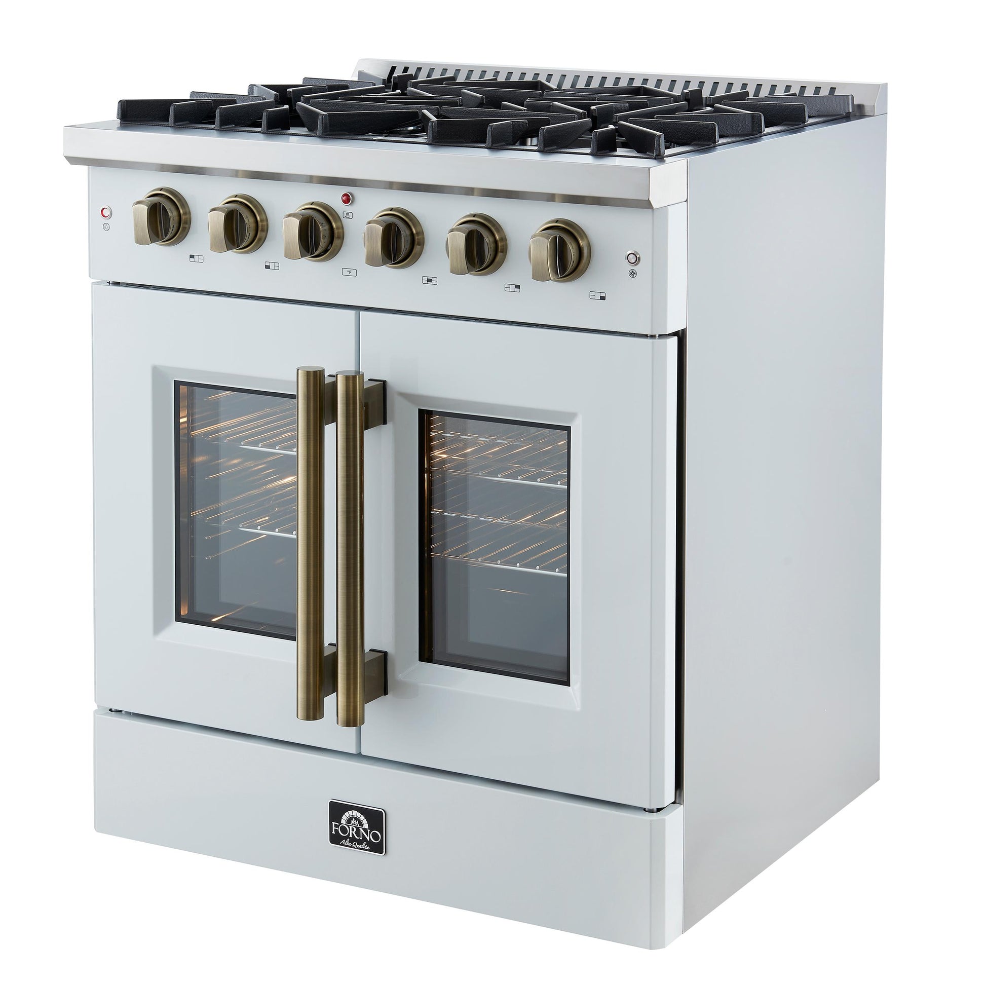 Forno FFSGS644430WHT Forno Galiano 30-Inch French Door Gas Rangenwhite With Antique Brass Design, 5 Burners,N68,000 Btu, 4.32 Cu.Ft. Convection Oven