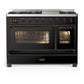 Ilve UM48FNR3BKBLP Ilve Um48Fnr3Bkblp Majestic Iii 48 Inch Dual Fuel Range With 8 Burners And Griddle, Dual Function Burner Up To 25,000 Btu (Liquid Propane, Triple Glass Door, Glossy Black, Burnished)