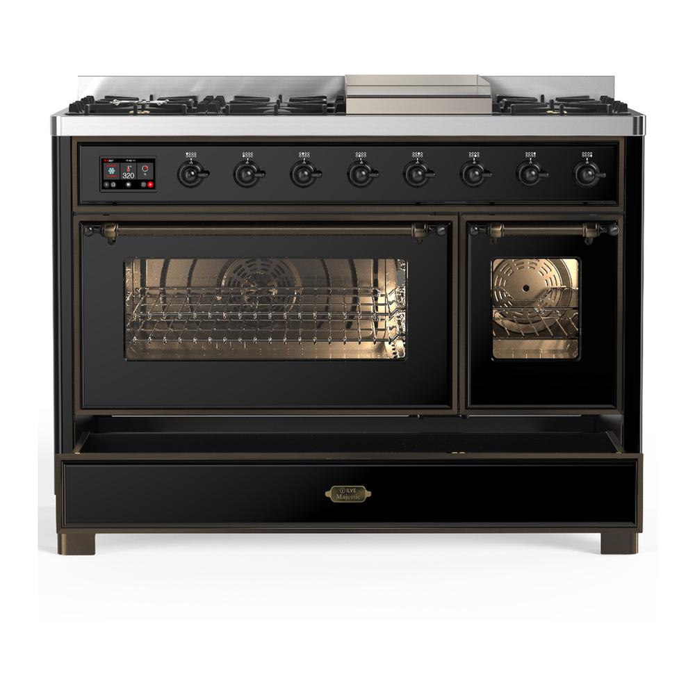 Ilve UM48FNR3BKBLP Ilve Um48Fnr3Bkblp Majestic Iii 48 Inch Dual Fuel Range With 8 Burners And Griddle, Dual Function Burner Up To 25,000 Btu (Liquid Propane, Triple Glass Door, Glossy Black, Burnished)