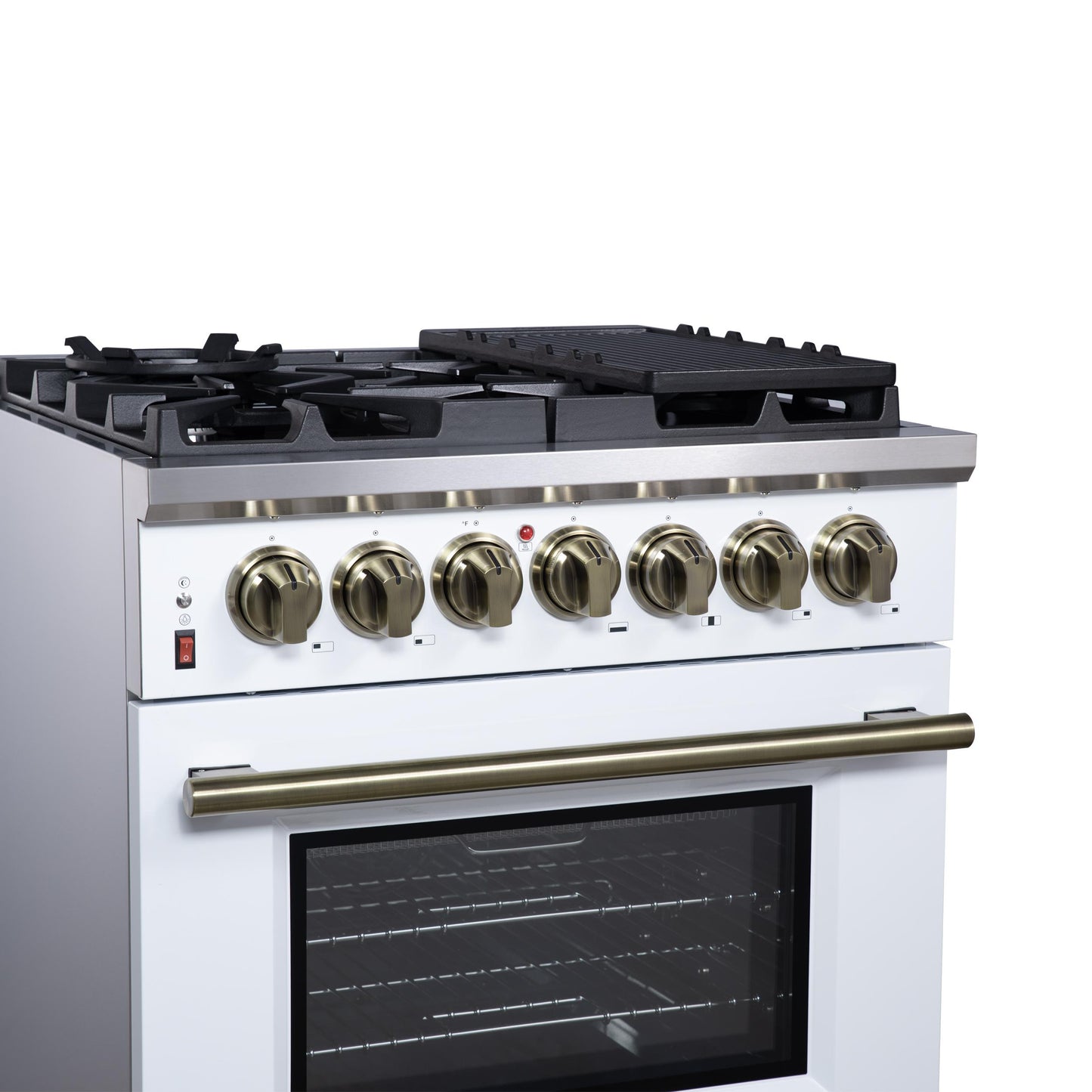 Forno FFSGS612530WHT Forno Massimo 30-Inch Freestanding Dual Fuel Range In White With Antique Brass Accessories, 4 Burners, 4.32 Cu. Ft. Convection Oven