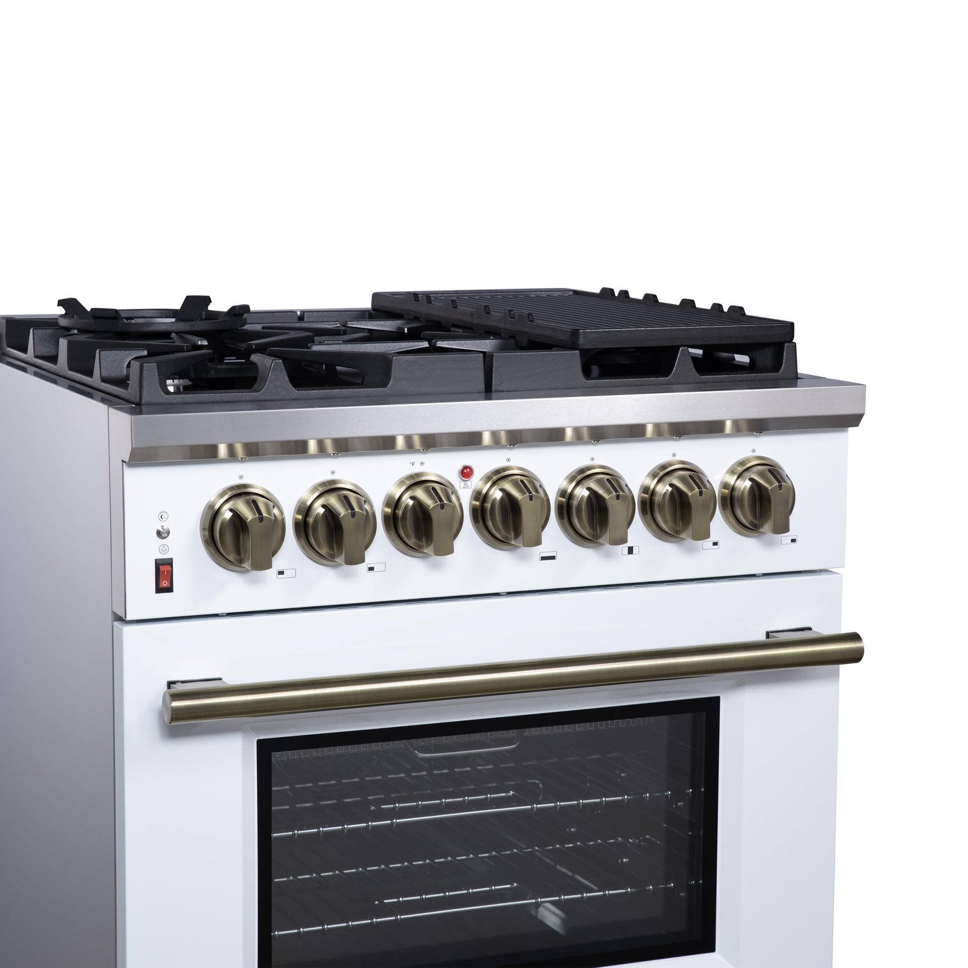 Forno FFSGS612530WHT Forno Massimo 30-Inch Freestanding Dual Fuel Range In White With Antique Brass Accessories, 4 Burners, 4.32 Cu. Ft. Convection Oven
