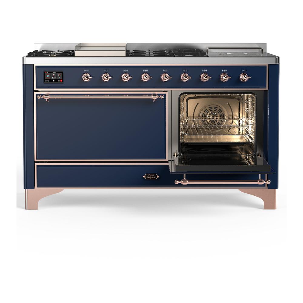 Ilve UM60FSQNR3MBP Ilve Um60Fsqnr3Mbp Majestic Iii 60 Inch Dual Fuel Range With 7 Burners, Griddle And French Top, Dual Function Burner With Up To 25,000 Btu (Natural Gas, Solid Door, Midnight Blue, Copper)