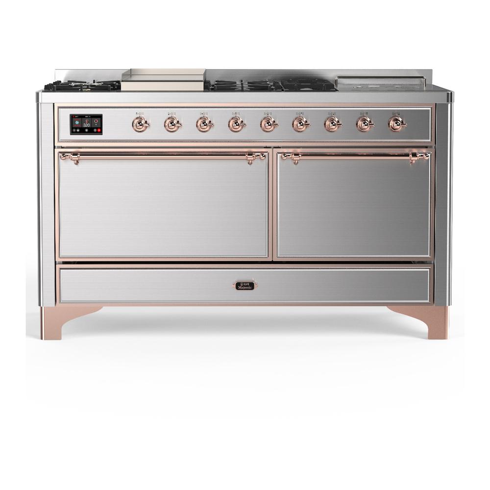 Ilve UM60FSQNR3SSP Ilve Um60Fsqnr3Ssp Majestic Iii 60 Inch Dual Fuel Range With 7 Burners, Griddle And French Top, Dual Function Burner With Up To 25,000 Btu (Natural Gas, Solid Door, Stainless Steel, Copper)
