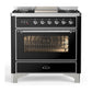Ilve UM36FNR3BKC Ilve Um36Fnr3Bkc Majestic Iii 36 Inch Dual Fuel Range With 6 Black Brass Burners And Griddle, Dual Function Burner Up To 25,000 Btu (Triple Glass Door, Glossy Black, Chrome, Natural Gas)