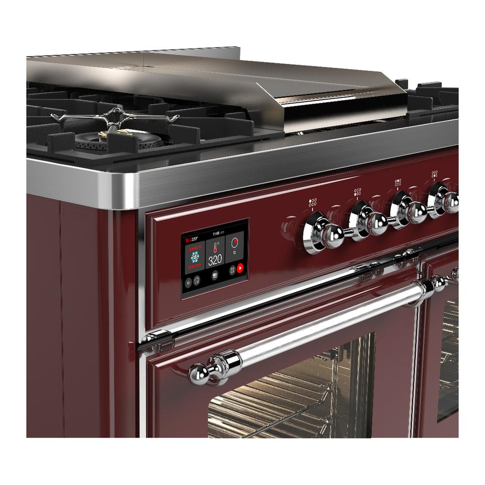 Ilve UMD40FNR3BUCLP Ilve Umd40Fnr3Buclp Majestic Iii 40 Inch Dual Fuel Range With 6 Burners And Griddle, Dual Function Burner Up To 25,000 Btu (Liquid Propane, Triple Glass Door, Burgundy, Chrome)