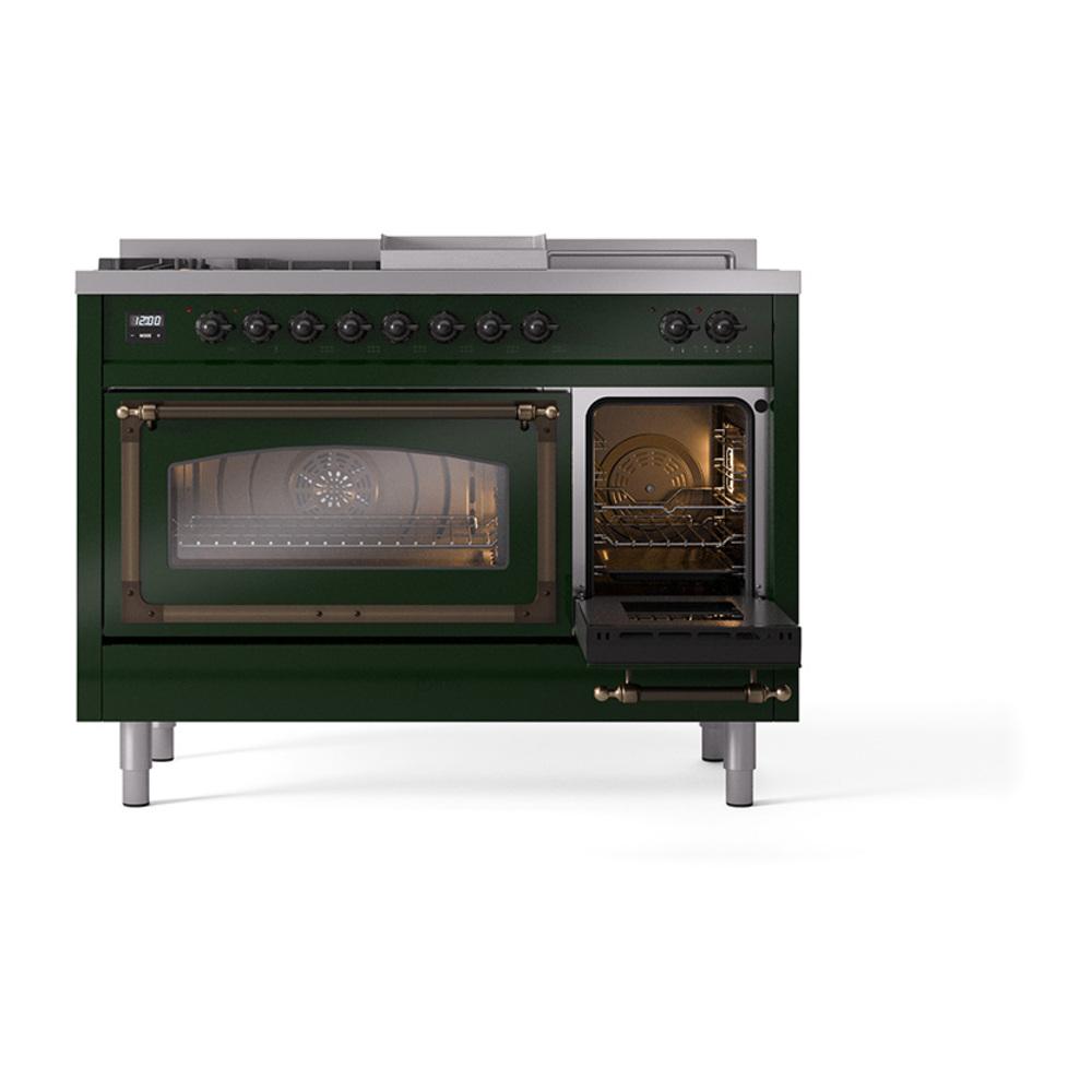 Ilve UN48FSNMPEGB Ilve Un48Fsnmpegb Nostalgie Ii Noblesse 48" Dual Fuel Range (5 Sealed Burners + Griddle + French Top, Natural Gas, Triple Glass Door, Emerald Green, Burnished)