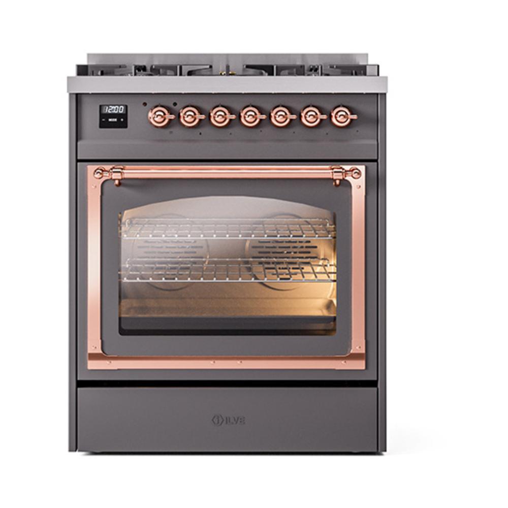 Ilve UN30NMPMGPLP Ilve Un30Nmpmgplp Nostalgie Ii Noblesse 30" Dual Fuel Range (Liquid Propane, Triple Glass Door, Graphite Matte, Copper)