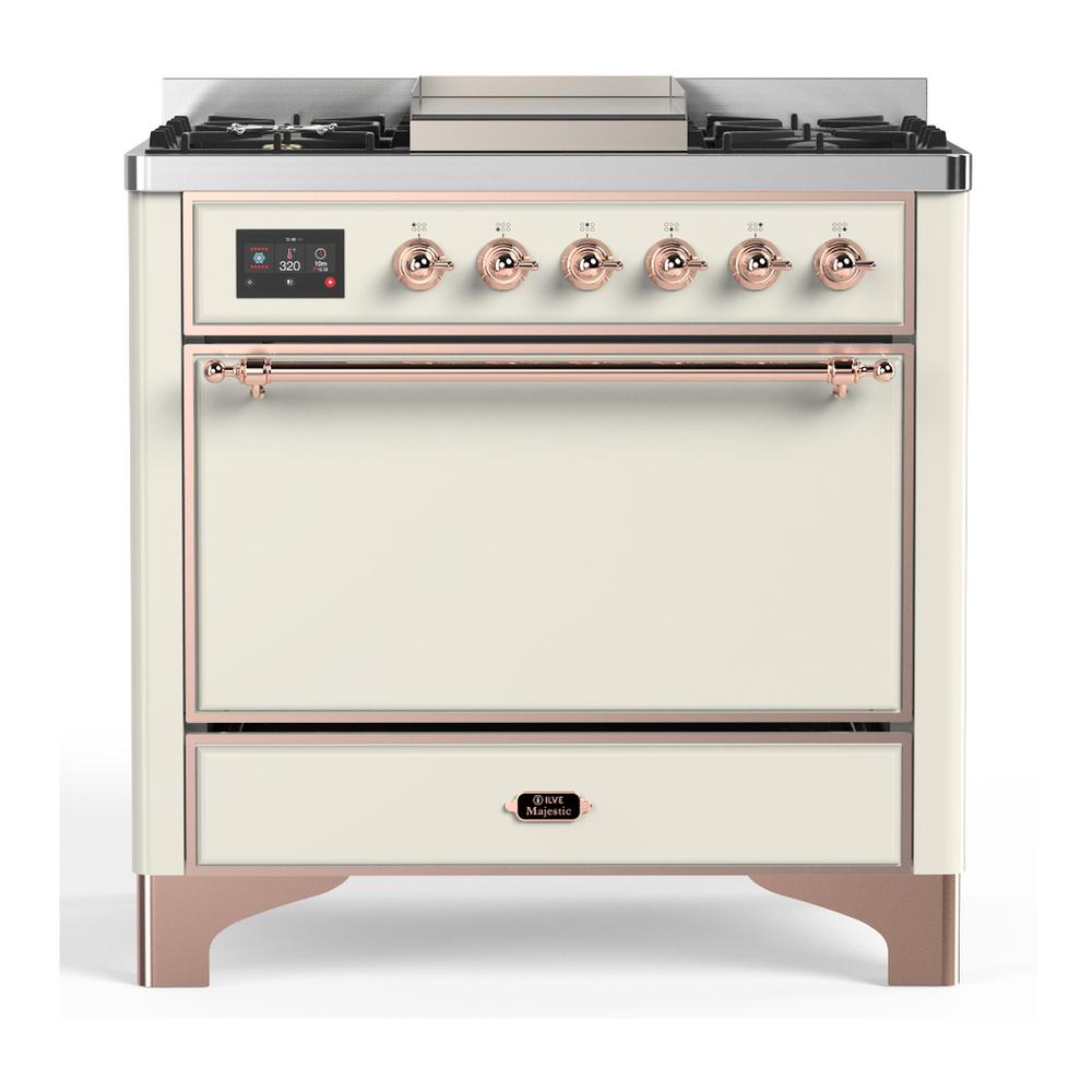 Ilve UM36FQNR3AWP Ilve Um36Fqnr3Awp Majestic Iii 36 Inch Dual Fuel Range With 6 Black Brass Burners And Griddle, Dual Function Burner Up To 25,000 Btu (Solid Door, Antique White, Copper, Natural Gas)