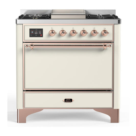 Ilve UM36FQNR3AWP Ilve Um36Fqnr3Awp Majestic Iii 36 Inch Dual Fuel Range With 6 Black Brass Burners And Griddle, Dual Function Burner Up To 25,000 Btu (Solid Door, Antique White, Copper, Natural Gas)