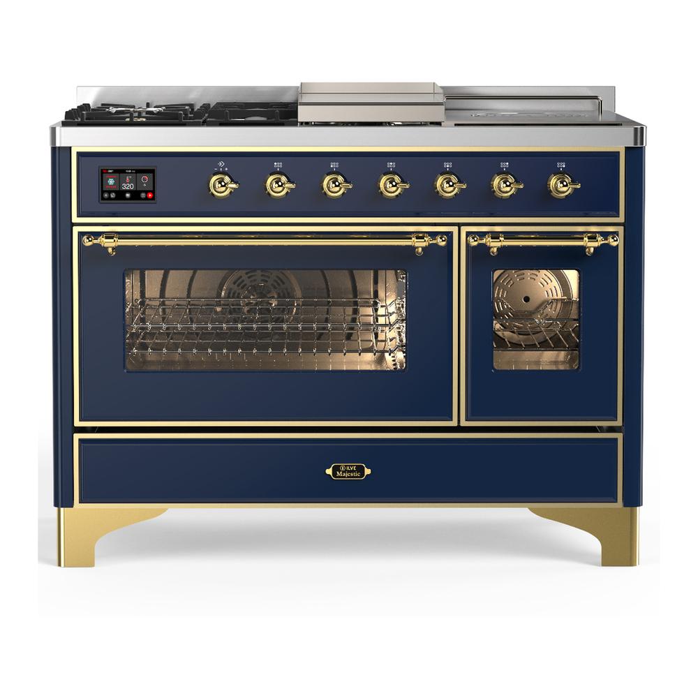 Ilve UM48FSNR3MBG Ilve Um48Fsnr3Mbg Majestic Iii 48 Inch Dual Fuel Range With 5 Black Brass Burners, Griddle And French Top, Dual Function Burner Up To 25,000 Btu (Natural Gas, Triple Glass Door, Midnight Blue, Brass)