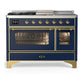 Ilve UM48FSNR3MBG Ilve Um48Fsnr3Mbg Majestic Iii 48 Inch Dual Fuel Range With 5 Black Brass Burners, Griddle And French Top, Dual Function Burner Up To 25,000 Btu (Natural Gas, Triple Glass Door, Midnight Blue, Brass)