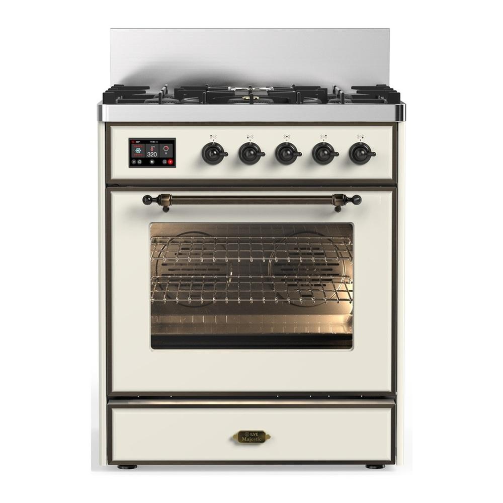 Ilve UM30NR3AWB Ilve Um30Nr3Awb Majestic Iii 30 Inch Dual Fuel Range With 5 Black Brass Burners, Dual Function Burner Up To 25,000 Btu (Natural Gas, Triple Glass Door, Antique White, Burnished)