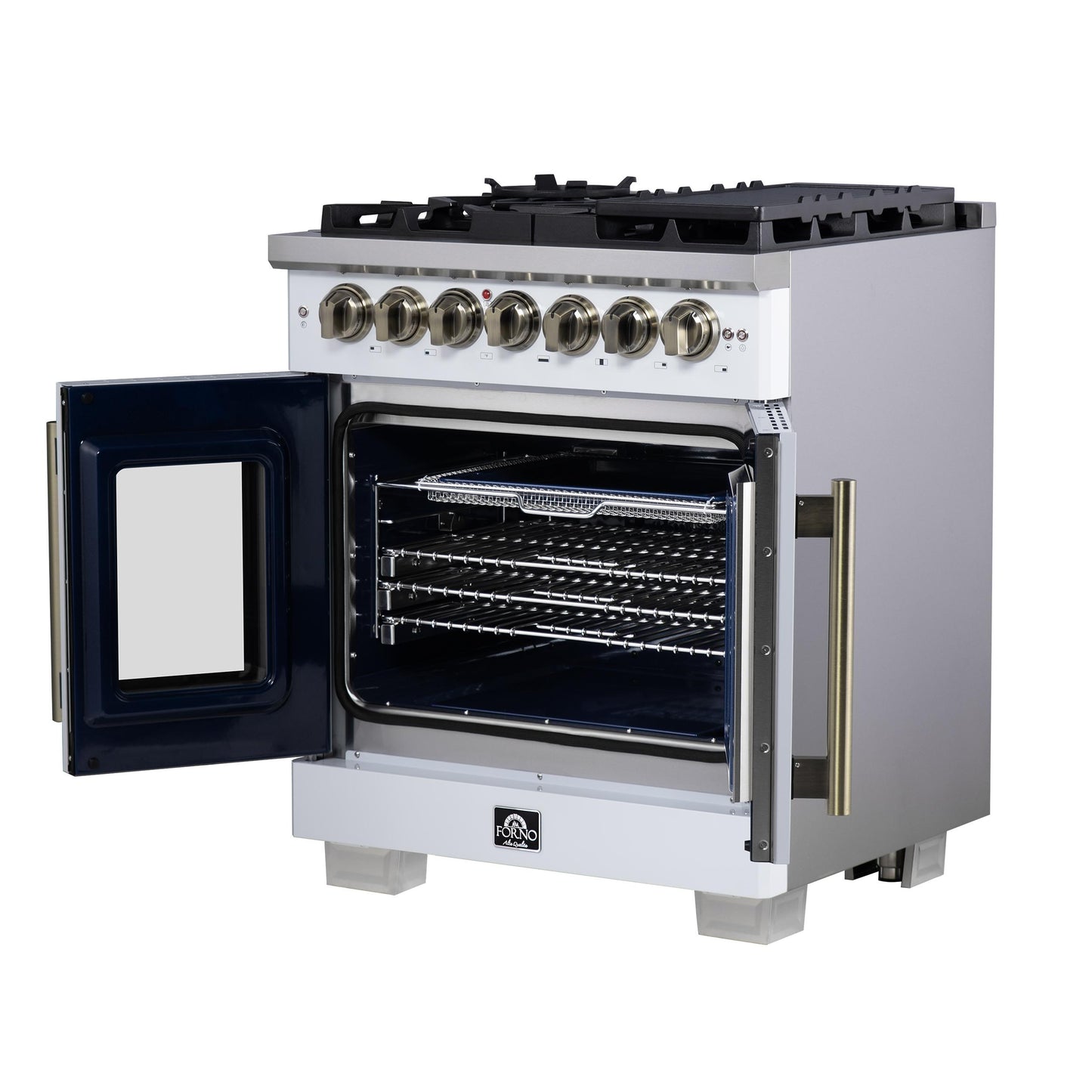Forno FFSGS638730WHT Forno Capriasca 30-Inch Freestanding French Door Dual Fuel Range In White With Antique Brass Accessories, 5 Burners, True Convection Oven
