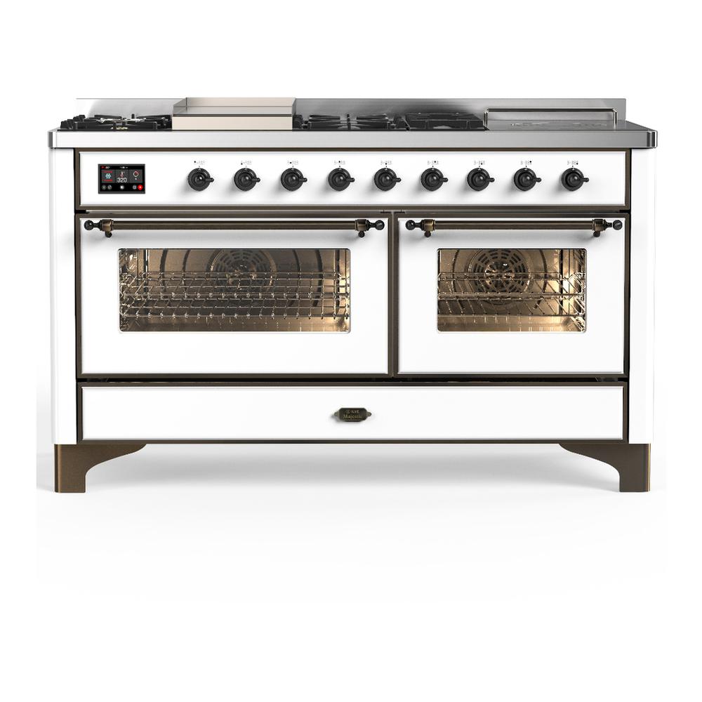 Ilve UM60FSNR3WHBLP Ilve Um60Fsnr3Whblp Majestic Iii 60 Inch Dual Fuel Range With 7 Burners, Griddle And French Top, Dual Function Burner With Up To 25,000 Btu (Liquid Propane, Triple Glass Door, White, Burnished)