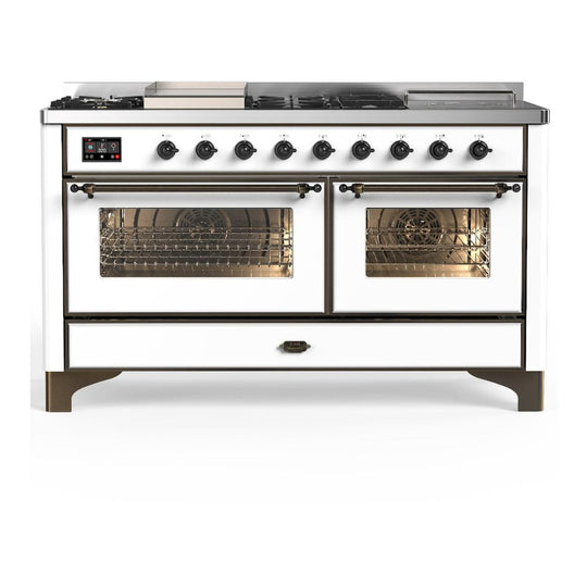 Ilve UM60FSNR3WHBLP Ilve Um60Fsnr3Whblp Majestic Iii 60 Inch Dual Fuel Range With 7 Burners, Griddle And French Top, Dual Function Burner With Up To 25,000 Btu (Liquid Propane, Triple Glass Door, White, Burnished)