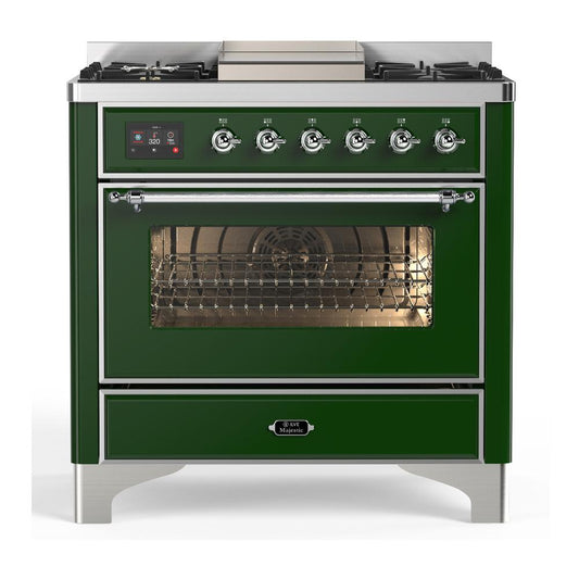 Ilve UM36FNR3EGCLP Ilve Um36Fnr3Egclp Majestic Iii 36 Inch Dual Fuel Range With 6 Black Brass Burners And Griddle, Dual Function Burner Up To 25,000 Btu (Triple Glass Door, Emerald Green, Chrome, Liquid Propane)