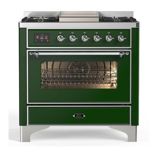 Ilve UM36FNR3EGCLP Ilve Um36Fnr3Egclp Majestic Iii 36 Inch Dual Fuel Range With 6 Black Brass Burners And Griddle, Dual Function Burner Up To 25,000 Btu (Triple Glass Door, Emerald Green, Chrome, Liquid Propane)