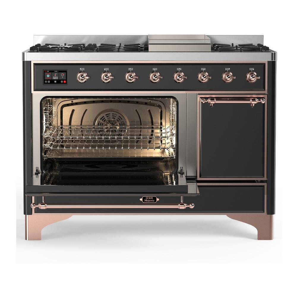 Ilve UM48FQNR3MGP Ilve Um48Fqnr3Mgp Majestic Iii 48 Inch Dual Fuel Range With 8 Burners And Griddle, Dual Function Burner Up To 25,000 Btu (Natural Gas, Solid Door, Graphite Matte, Copper)