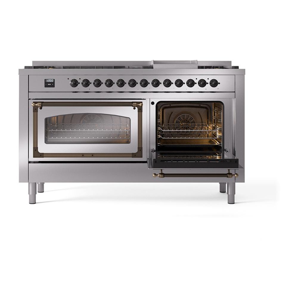 Ilve UN60FNMPSSBLP Ilve Un60Fnmpssblp Nostalgie Ii Noblesse 60" Dual Fuel Range (9 Sealed Burners + Griddle, Liquid Propane, Triple Glass Door, Stainless Steel, Burnished)
