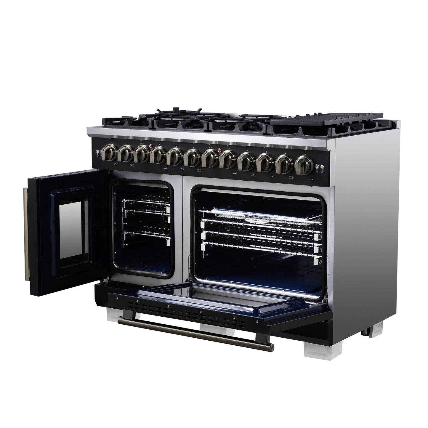 Forno FFSGS638748BLK Forno Capriasca 48 Inch Freestanding French Door Dual Fuel Range In Black With Antique Brass Accessories, 8 Burners, True Convection Oven