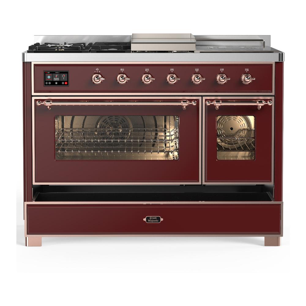 Ilve UM48FSNR3BUP Ilve Um48Fsnr3Bup Majestic Iii 48 Inch Dual Fuel Range With 5 Black Brass Burners, Griddle And French Top, Dual Function Burner Up To 25,000 Btu (Natural Gas, Triple Glass Door, Burgundy, Copper)