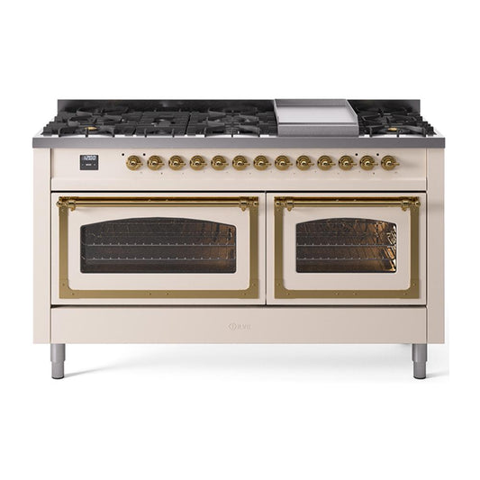 Ilve UN60FNMPAWGLP Ilve Un60Fnmpawglp Nostalgie Ii Noblesse 60" Dual Fuel Range (9 Sealed Burners + Griddle, Liquid Propane, Triple Glass Door, Antique White, Brass)