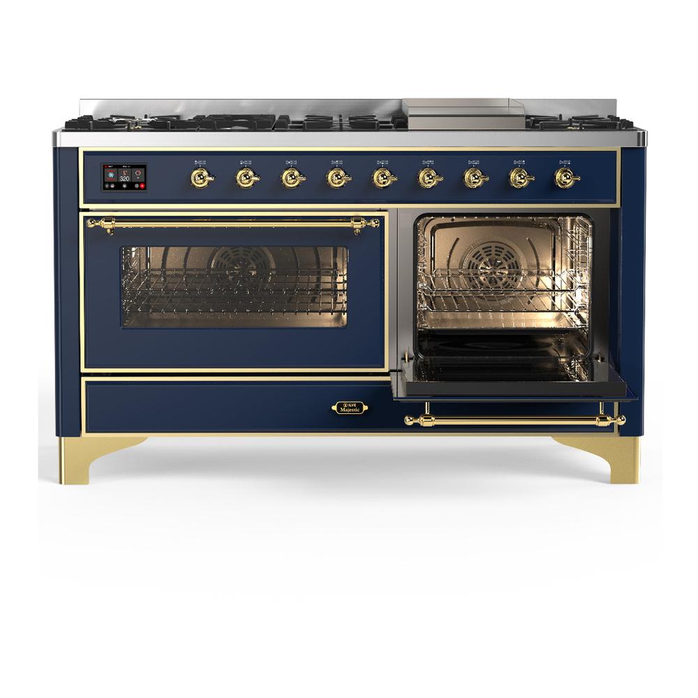 Ilve UM60FNR3MBGLP Ilve Um60Fnr3Mbglp Majestic Iii 60 Inch Dual Fuel Range With 9 Burners And Griddle, Dual Function Burner Up To 25,000 Btu (Liquid Propane, Triple Glass Door, Midnight Blue, Brass)
