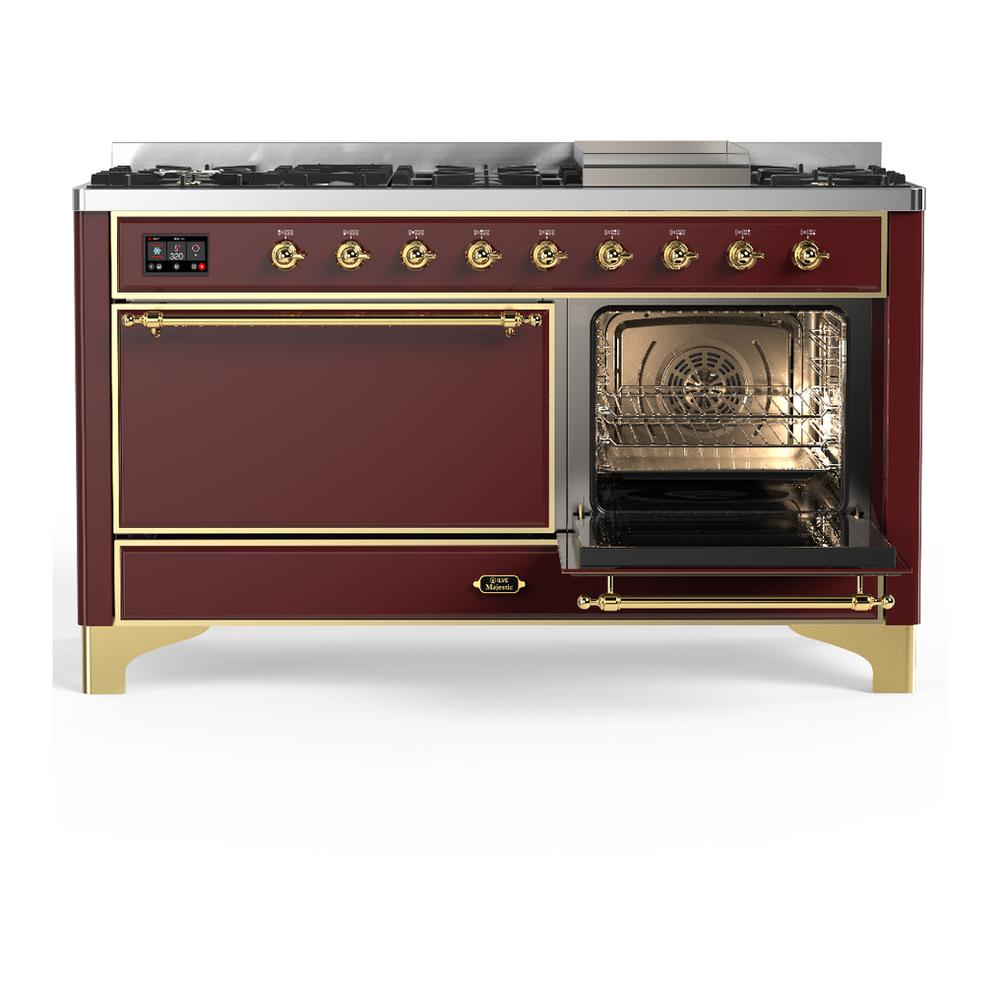 Ilve UM60FQNR3BUGLP Ilve Um60Fqnr3Buglp Majestic Iii 60 Inch Dual Fuel Range With 9 Burners And Griddle, Dual Function Burner Up To 25,000 Btu (Liquid Propane, Solid Door, Burgundy, Brass)