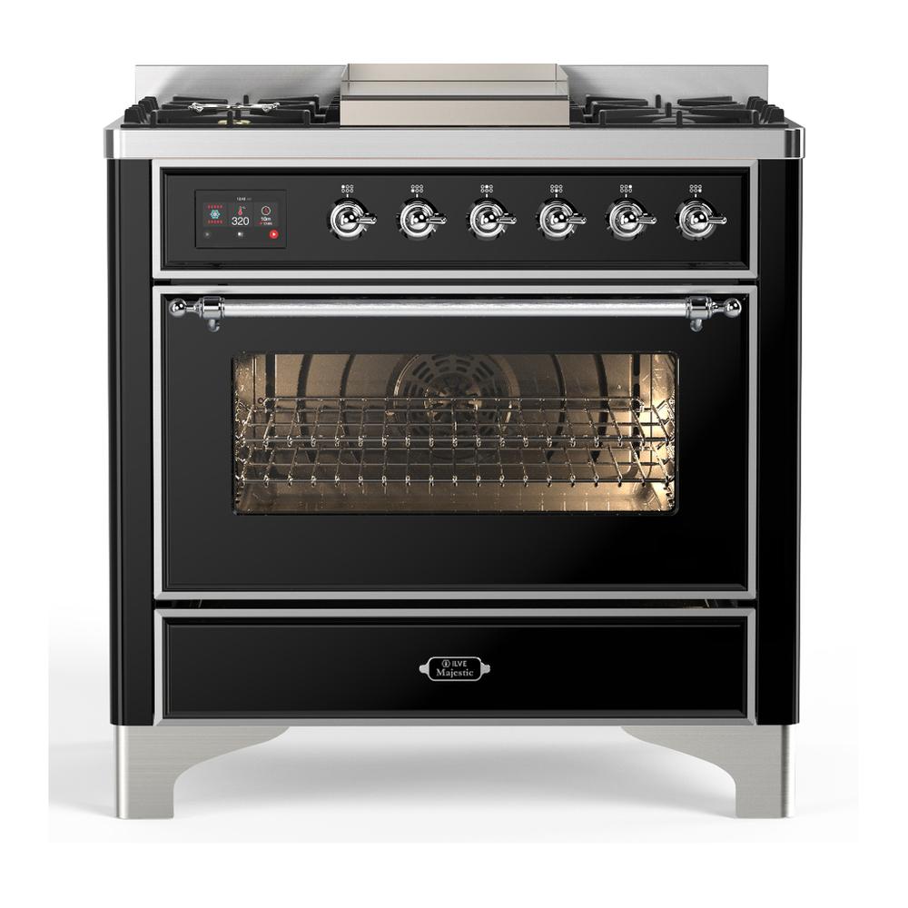 Ilve UM36FNR3BKCLP Ilve Um36Fnr3Bkclp Majestic Iii 36 Inch Dual Fuel Range With 6 Black Brass Burners And Griddle, Dual Function Burner Up To 25,000 Btu (Triple Glass Door, Glossy Black, Chrome, Liquid Propane)