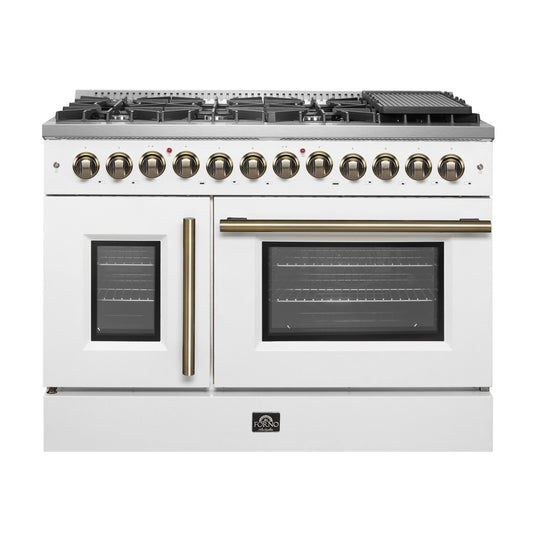 Forno FFSGS635648WHT Forno Galiano 48-Inch French Door Dual Fuel Range, White & Antique Brass Design, 8 Sealed Burners - 107,000 Btu, Griddle, 6.58 Cu.Ft. Double Ovens
