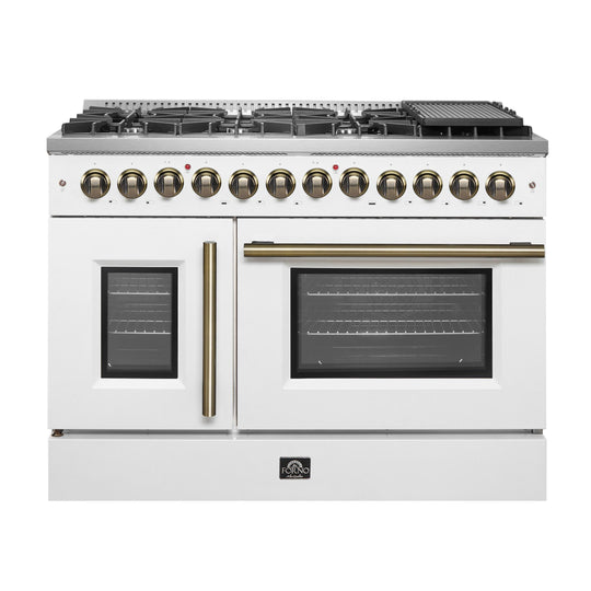 Forno FFSGS635648WHT Forno Galiano 48-Inch French Door Dual Fuel Range, White & Antique Brass Design, 8 Sealed Burners - 107,000 Btu, Griddle, 6.58 Cu.Ft. Double Ovens