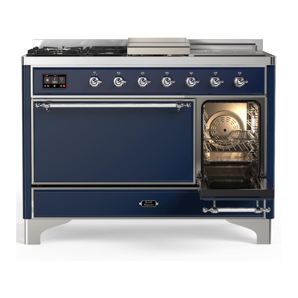 Ilve UM48FSQNR3MBC Ilve Um48Fsqnr3Mbc Majestic Iii 48 Inch Dual Fuel Range With 5 Black Brass Burners, Griddle And French Top, Dual Function Burner Up To 25,000 Btu (Natural Gas, Solid Door, Midnight Blue, Chrome)