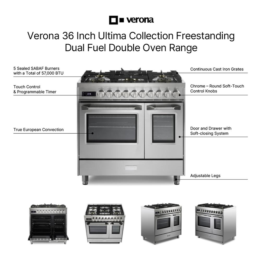 Verona VUFSGE365DSS Verona Vufsge365Dss 36 Inch Ultima Collection Double Oven Dual Fuel Range With 5 Brass Burners, 4.1 Cu. Ft. Total Oven Capacity