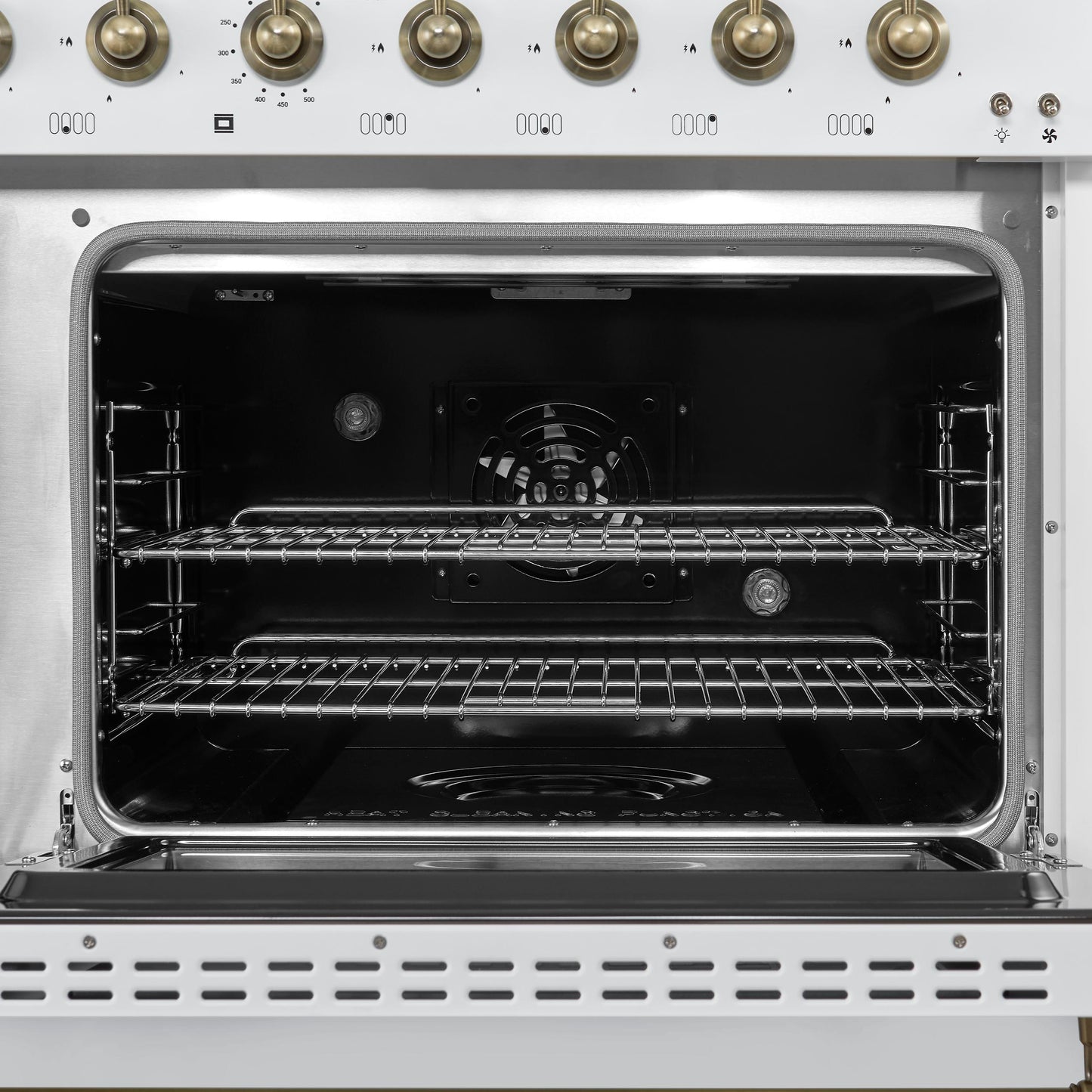 Forno FFSGS611348WHT Forno Antico 48-Inch Dual Fuel Range, White With Antique Brass Finish, 8 Burners, 94,000 Btu, 5.5 Cu.Ft. Double Ovens & Griddle