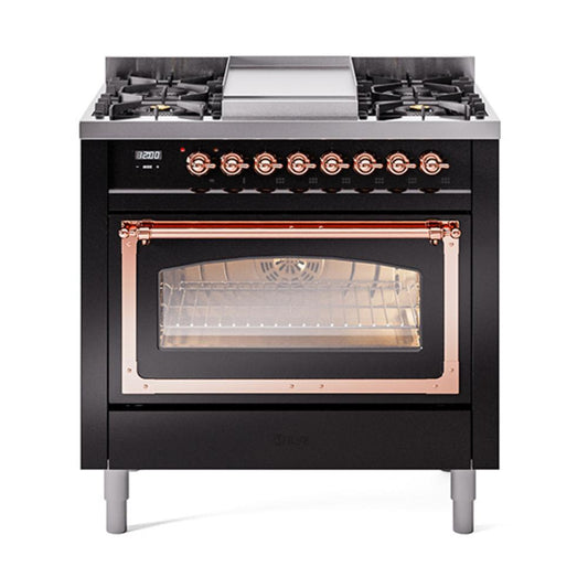 Ilve UN36FNMPBKP Ilve Un36Fnmpbkp Nostalgie Ii Noblesse 36" Dual Fuel Range (Natural Gas, Triple Glass Door, Glossy Black, Copper)