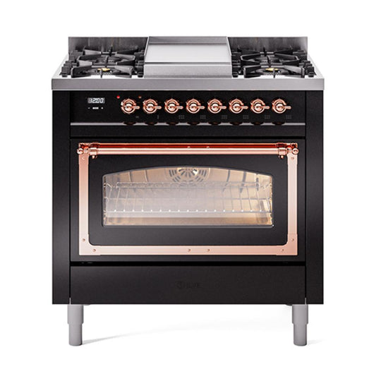 Ilve UN36FNMPBKP Ilve Un36Fnmpbkp Nostalgie Ii Noblesse 36" Dual Fuel Range (Natural Gas, Triple Glass Door, Glossy Black, Copper)
