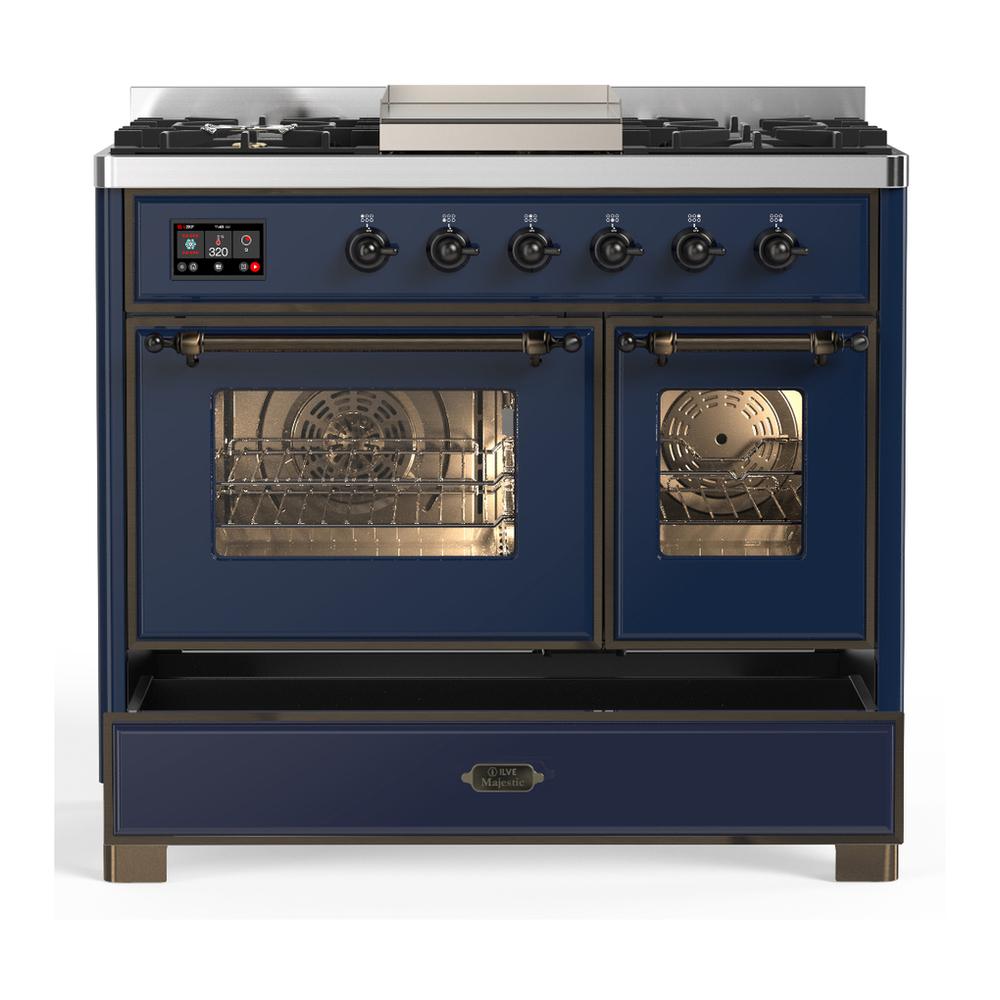 Ilve UMD40FNR3MBBLP Ilve Umd40Fnr3Mbblp Majestic Iii 40 Inch Dual Fuel Range With 6 Burners And Griddle, Dual Function Burner Up To 25,000 Btu (Liquid Propane, Triple Glass Door, Midnight Blue, Burnished)