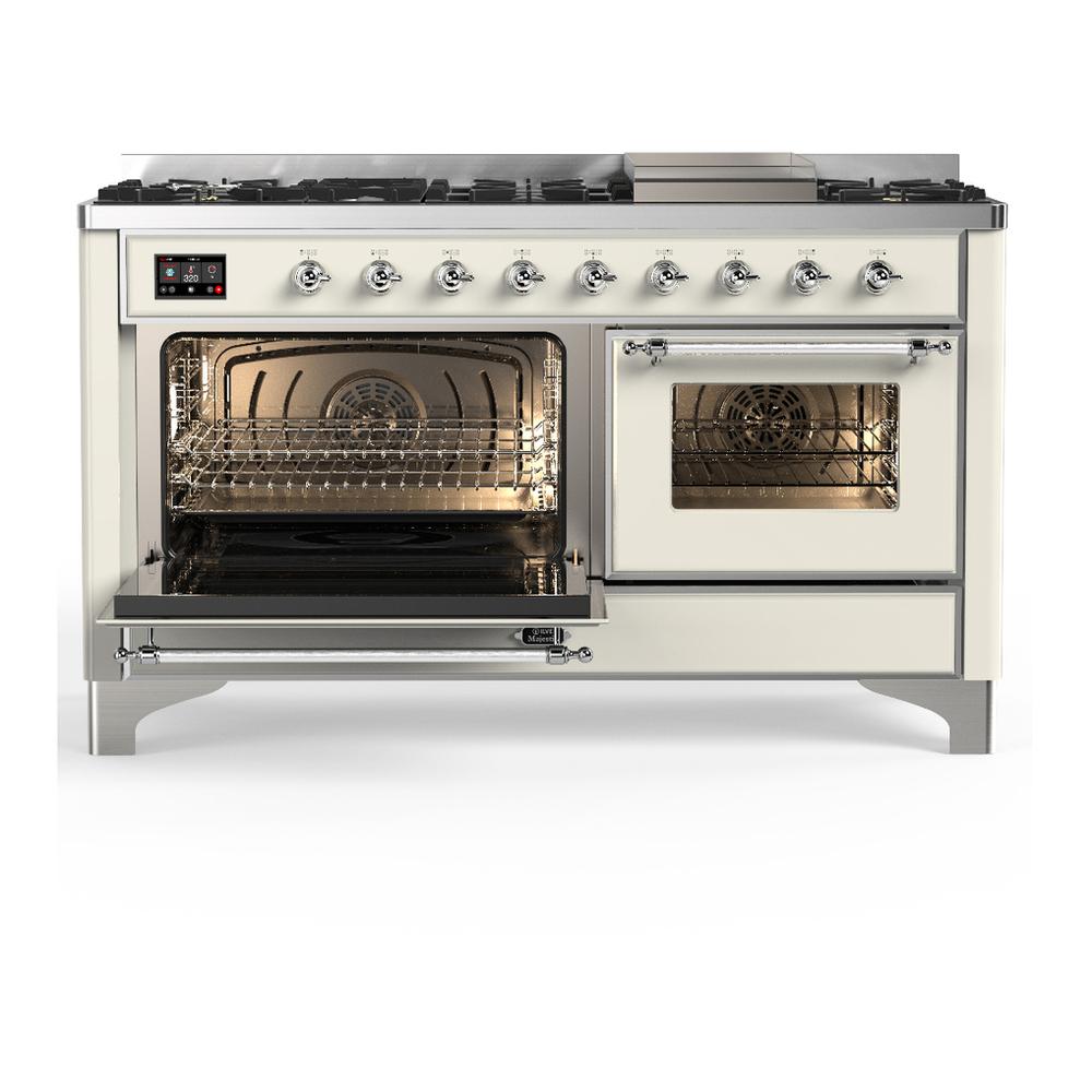 Ilve UM60FNR3AWCLP Ilve Um60Fnr3Awclp Majestic Iii 60 Inch Dual Fuel Range With 9 Burners And Griddle, Dual Function Burner Up To 25,000 Btu (Liquid Propane, Triple Glass Door, Antique White, Chrome)