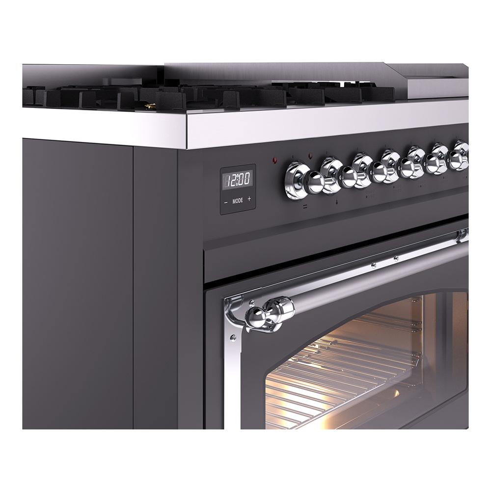 Ilve UN48FNMPMGC Ilve Un48Fnmpmgc Nostalgie Ii Noblesse 48" Dual Fuel Range (8 Sealed Burners + Griddle, Natural Gas, Triple Glass Door, Graphite Matte, Chrome)