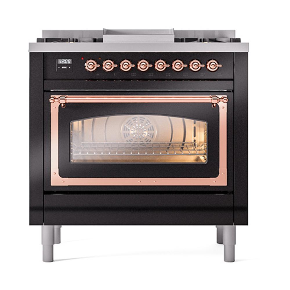 Ilve UN36FNMPBKPLP Ilve Un36Fnmpbkplp Nostalgie Ii Noblesse 36" Dual Fuel Range (Liquid Propane, Triple Glass Door, Glossy Black, Copper)