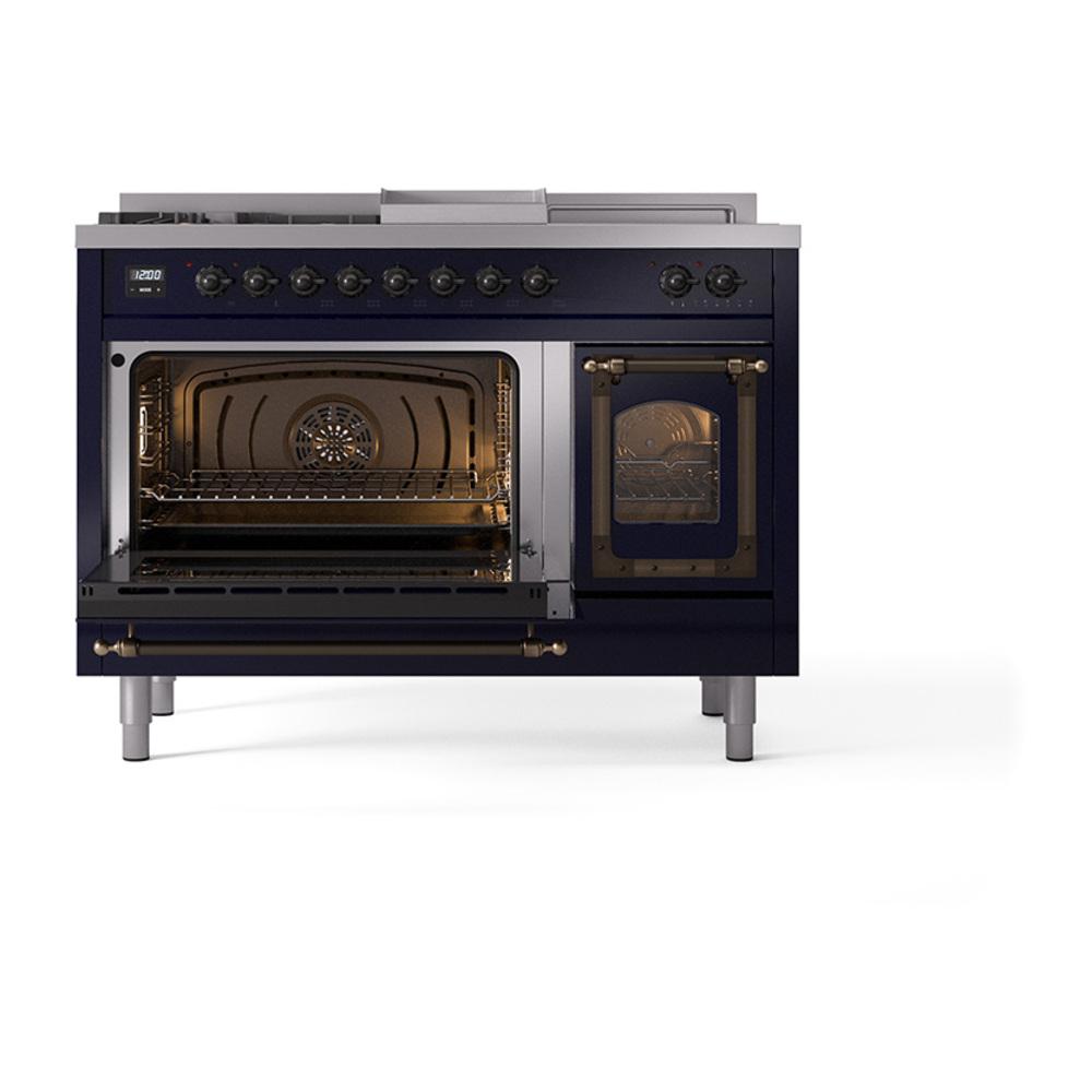 Ilve UN48FSNMPMBB Ilve Un48Fsnmpmbb Nostalgie Ii Noblesse 48" Dual Fuel Range (5 Sealed Burners + Griddle + French Top, Natural Gas, Triple Glass Door, Midnight Blue, Burnished)