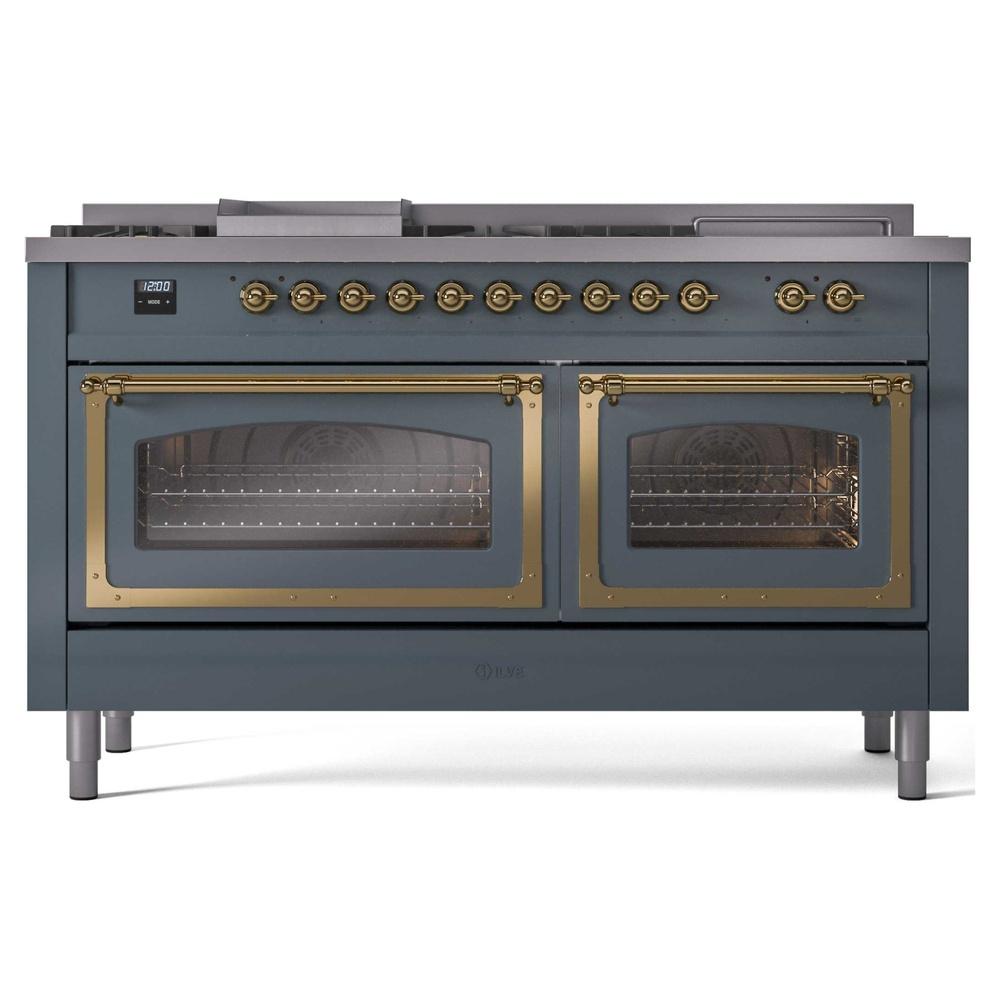 Ilve UN60FSNMPBGG Ilve Un60Fsnmpbgg Nostalgie Ii Noblesse 60" Dual Fuel Range (7 Sealed Burners + Griddle + French Top, Natural Gas, Triple Glass Door, Blue Grey, Brass)