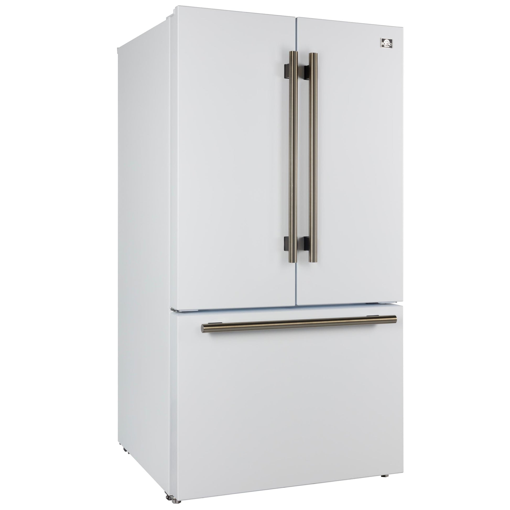 Forno FFFFD178336WHT Forno Rivello 36 Inch French Door Refrigerator In White With Antique Brass, Internal Water Dispenser, Filtered Ice, Adjustable Shelves, Energy Star Certified