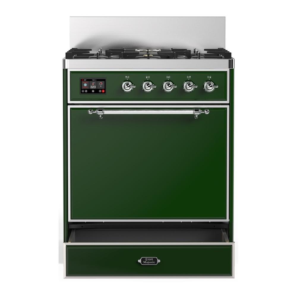 Ilve UM30QNR3EGC Ilve Um30Qnr3Egc Majestic Iii 30 Inch Dual Fuel Range With 5 Black Brass Burners, Dual Function Burner Up To 25,000 Btu (Natural Gas, Solid Door, Emerald Green, Chrome)