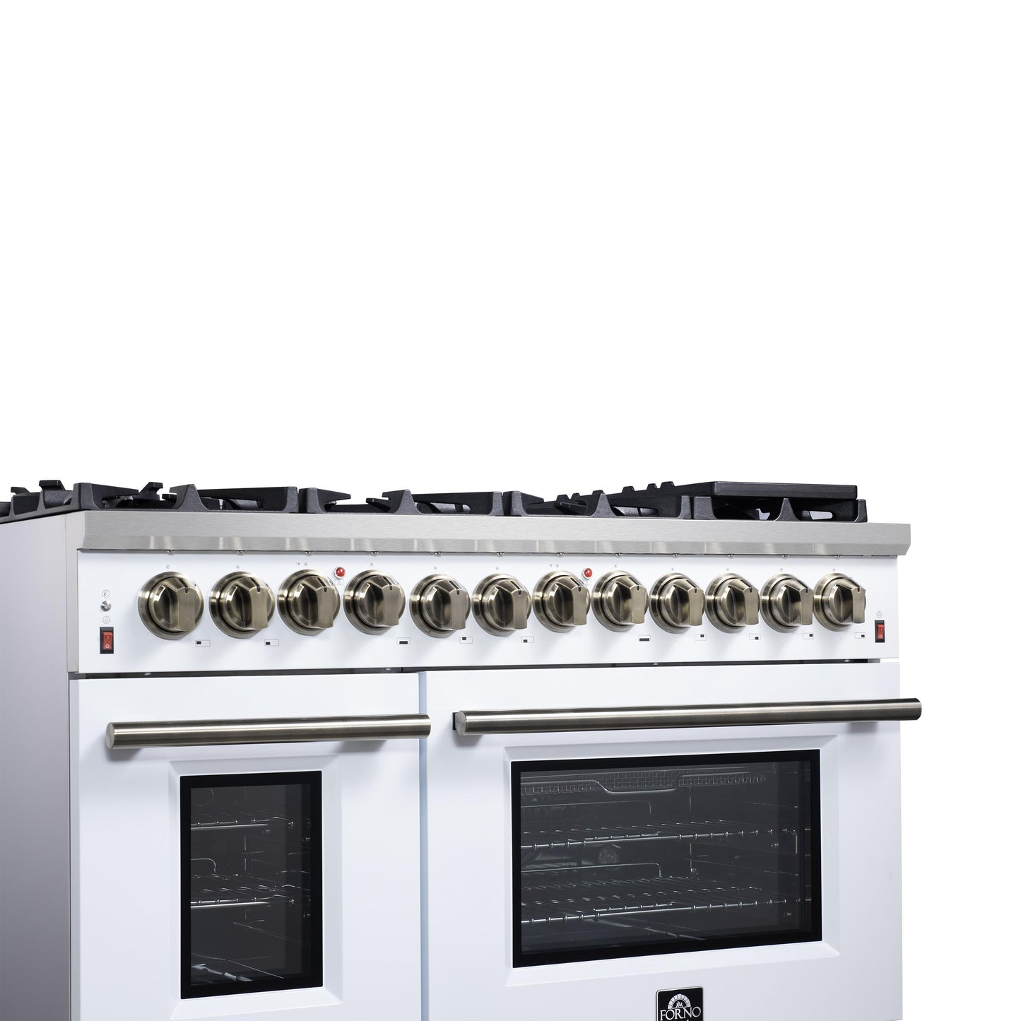 Forno FFSGS612548WHT Forno Massimo 48 Inch Freestanding Dual Fuel Range In White With Antique Brass Accessories, 8 Burners, 6.58 Cu. Ft. Convection Oven