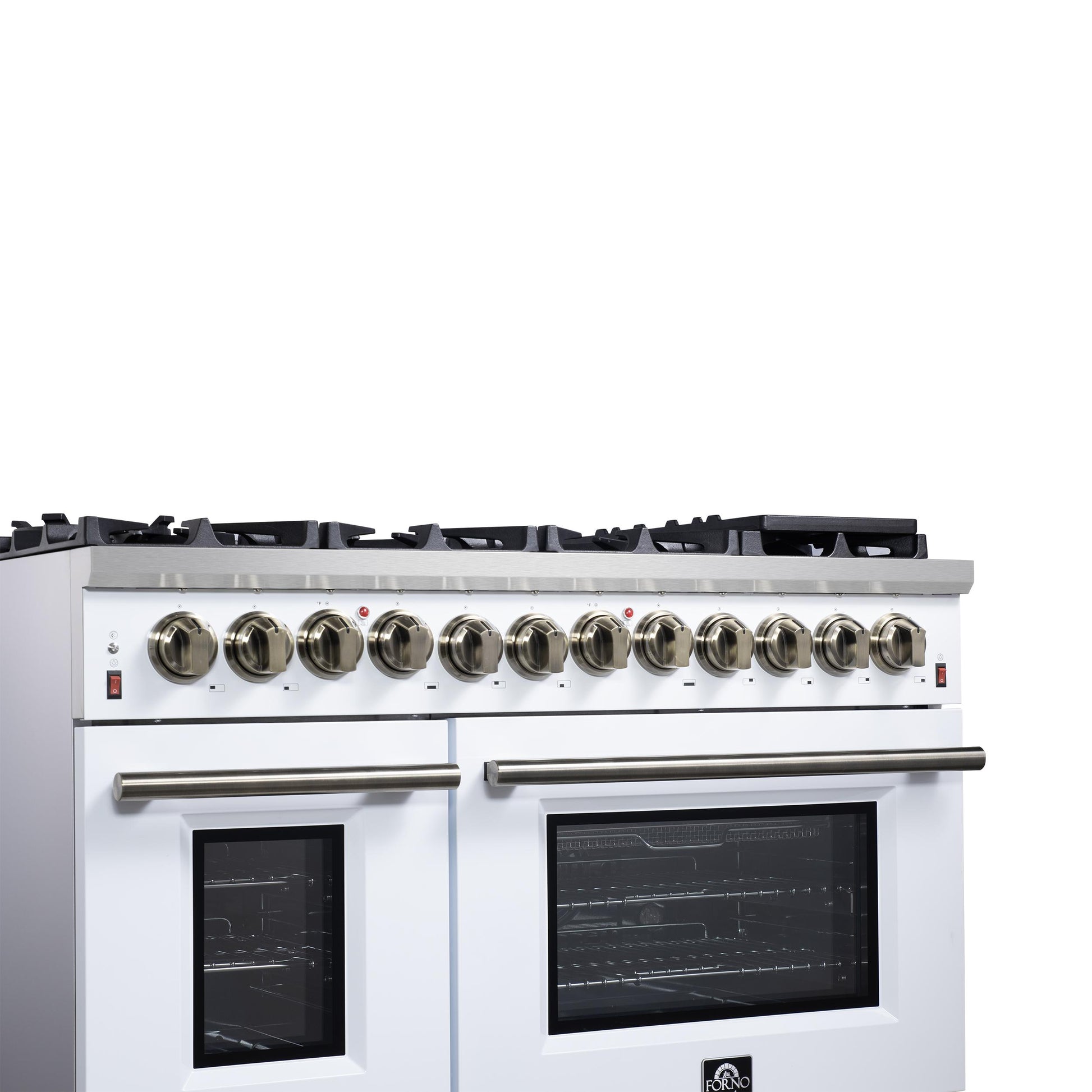Forno FFSGS612548WHT Forno Massimo 48 Inch Freestanding Dual Fuel Range In White With Antique Brass Accessories, 8 Burners, 6.58 Cu. Ft. Convection Oven