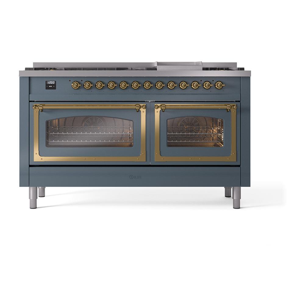 Ilve UN60FNMPBGG Ilve Un60Fnmpbgg Nostalgie Ii Noblesse 60" Dual Fuel Range (9 Sealed Burners + Griddle, Natural Gas, Triple Glass Door, Blue Grey, Brass)