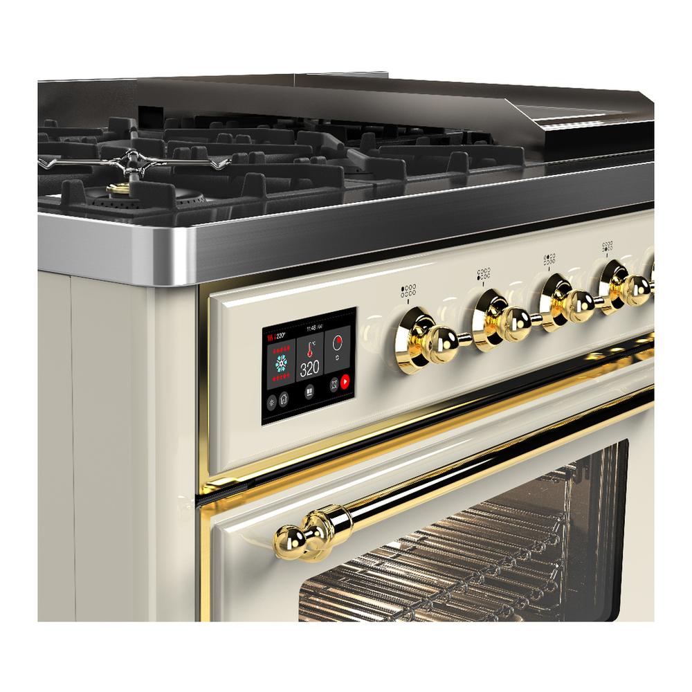 Ilve UM48FNR3AWGLP Ilve Um48Fnr3Awglp Majestic Iii 48 Inch Dual Fuel Range With 8 Burners And Griddle, Dual Function Burner Up To 25,000 Btu (Liquid Propane, Triple Glass Door, Antique White, Brass)
